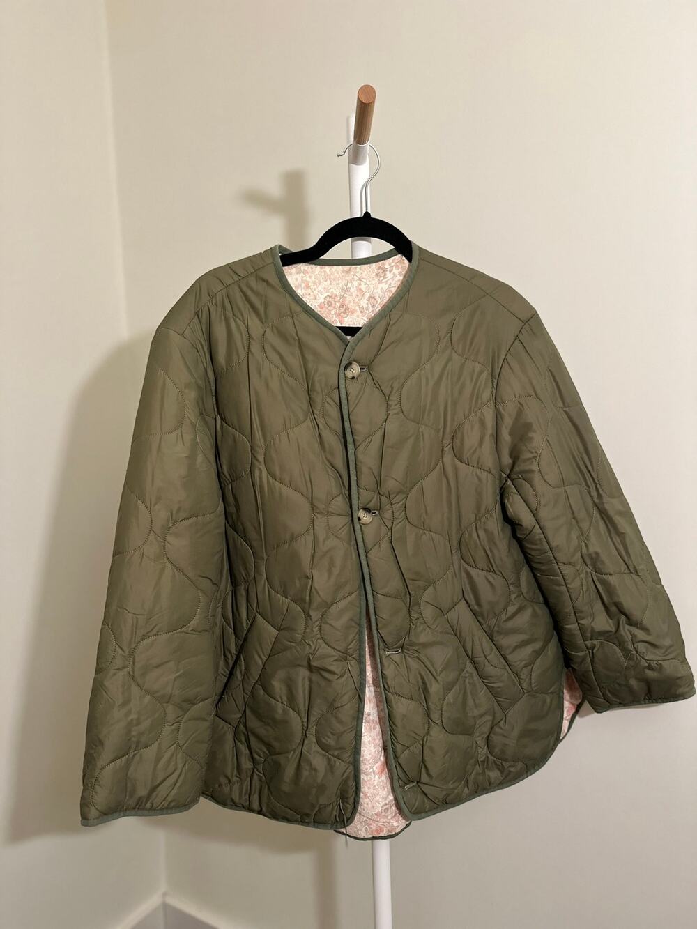 Maje Reversible Quilted Jacket — Floral Pink / Olive Green